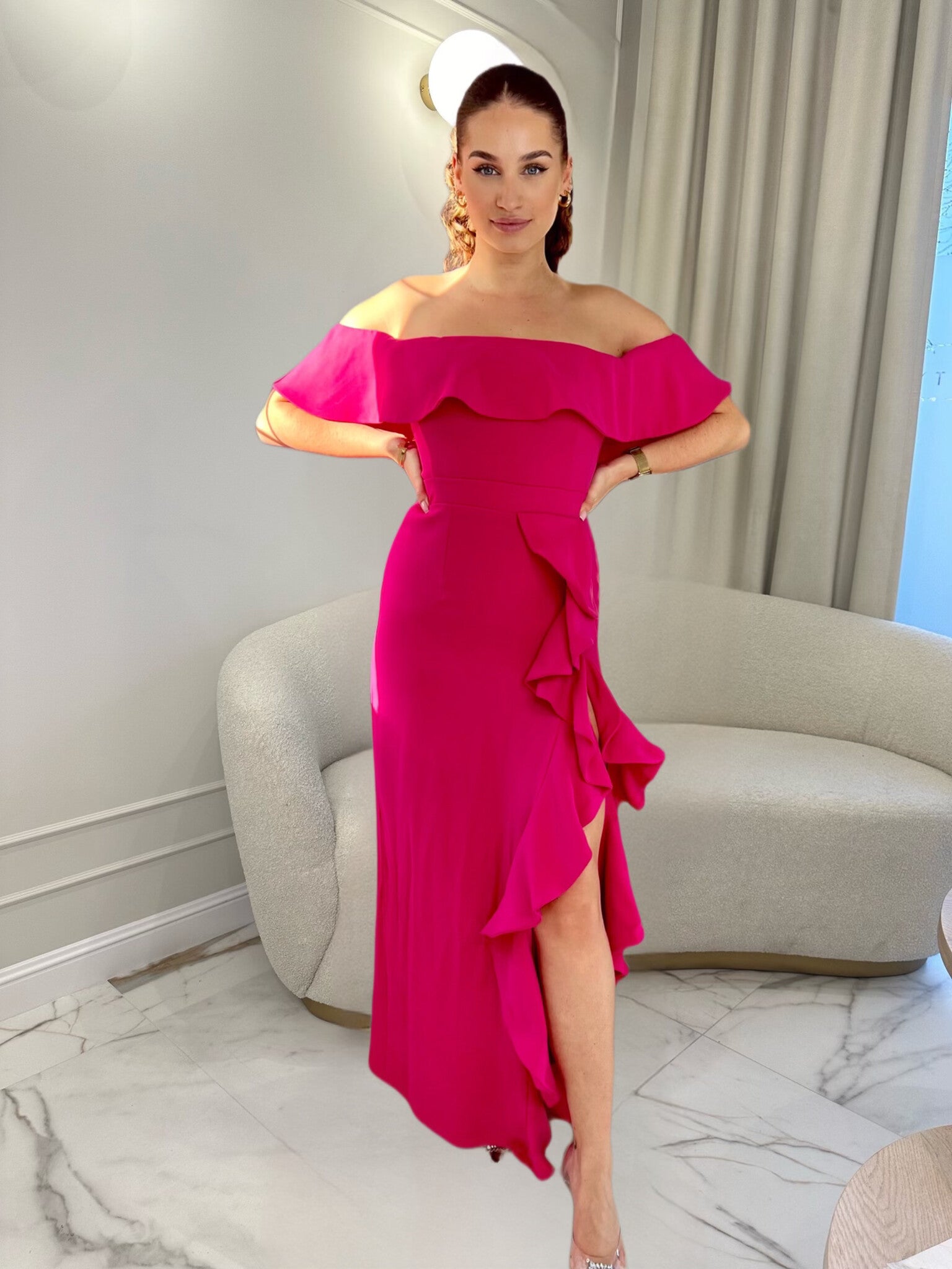 Solid Color Slit Dress With Ruffles In Shoulder